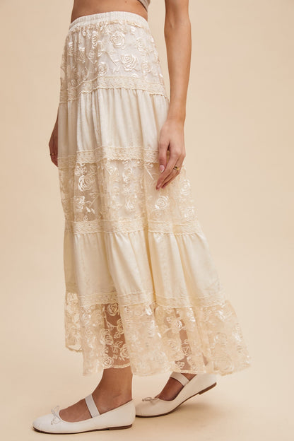Listicle Floral Embroidered Lace Maxi Skirt in Cream