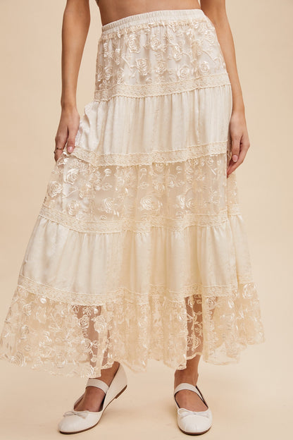 Listicle Floral Embroidered Lace Maxi Skirt in Cream