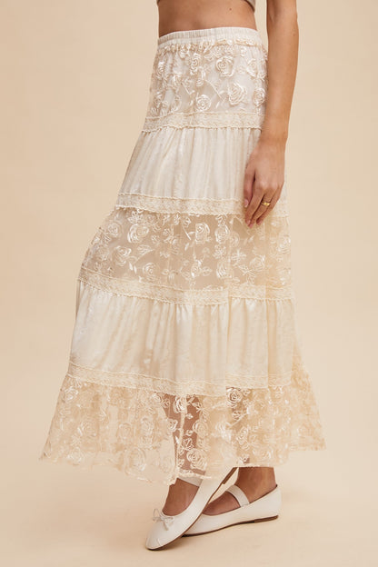 Listicle Floral Embroidered Lace Maxi Skirt in Cream