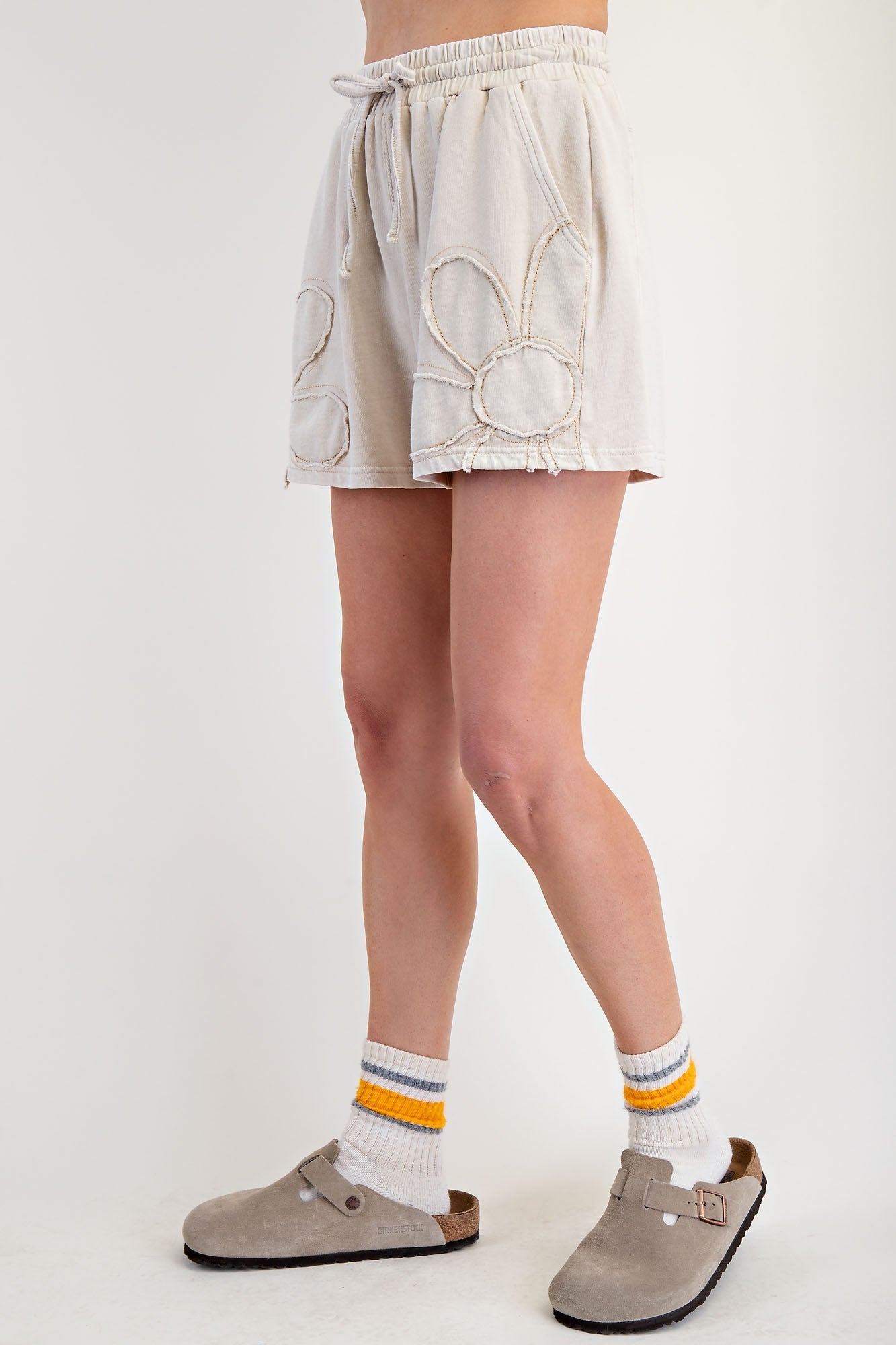 Easel Flower Patch Terry Knit Shorts in Khaki