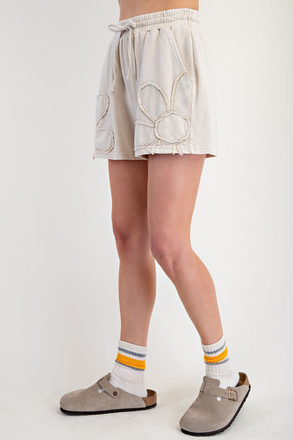 Easel Flower Patch Terry Knit Shorts in Khaki