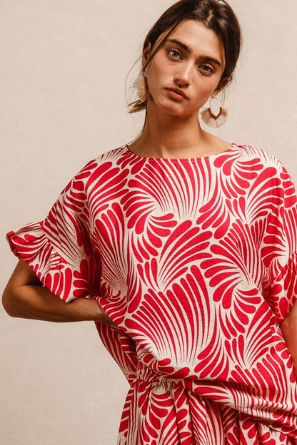 BiBi Two Toned Printed Woven Top in Fuchsia