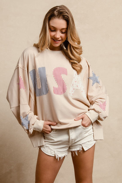 BiBi OVERSIZED French Terry Top with Mixed Print USA and Star Patches in Oatmeal