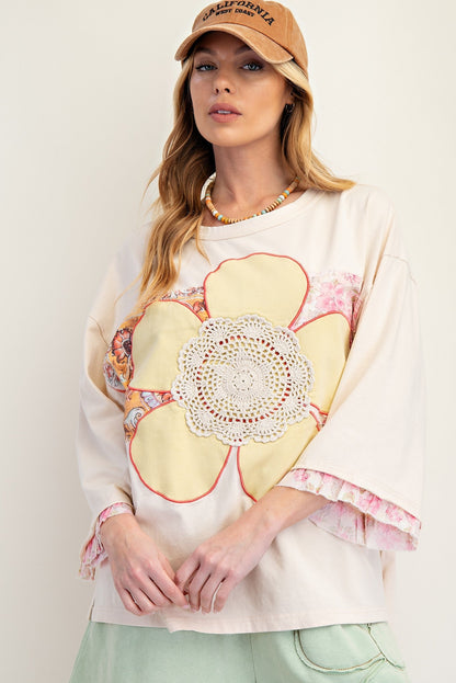 Easel OVERSIZED Mixed Flower Patched Front Top in Natural