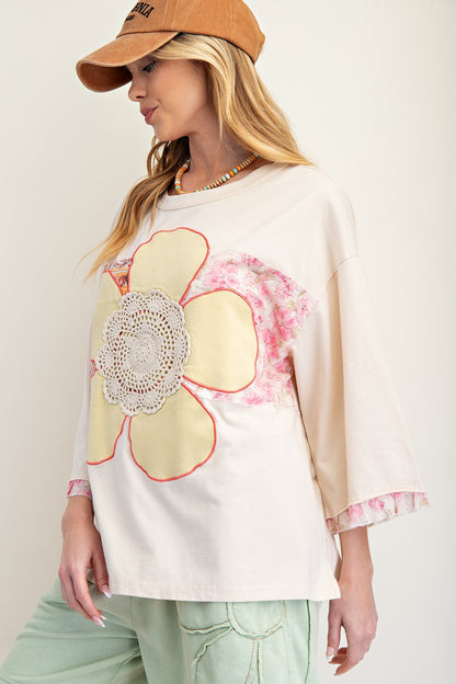 Easel OVERSIZED Mixed Flower Patched Front Top in Natural