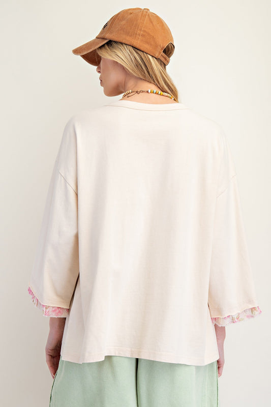 Easel OVERSIZED Mixed Flower Patched Front Top in Natural