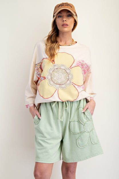 Easel OVERSIZED Mixed Flower Patched Front Top in Natural