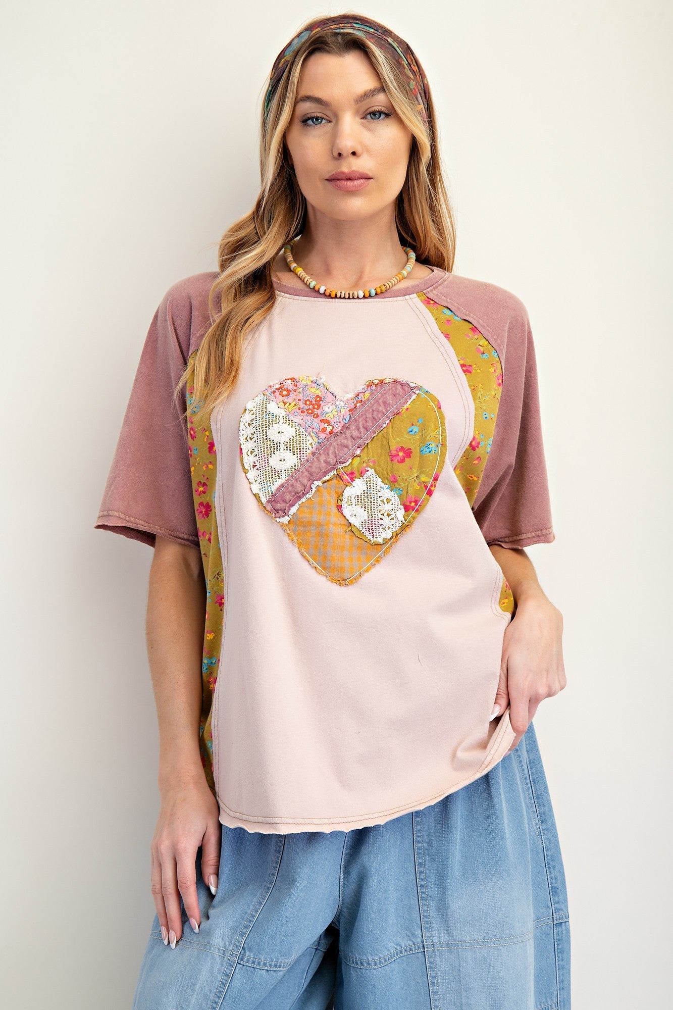 Easel Mix n Match Heart Patched Top in Mauve