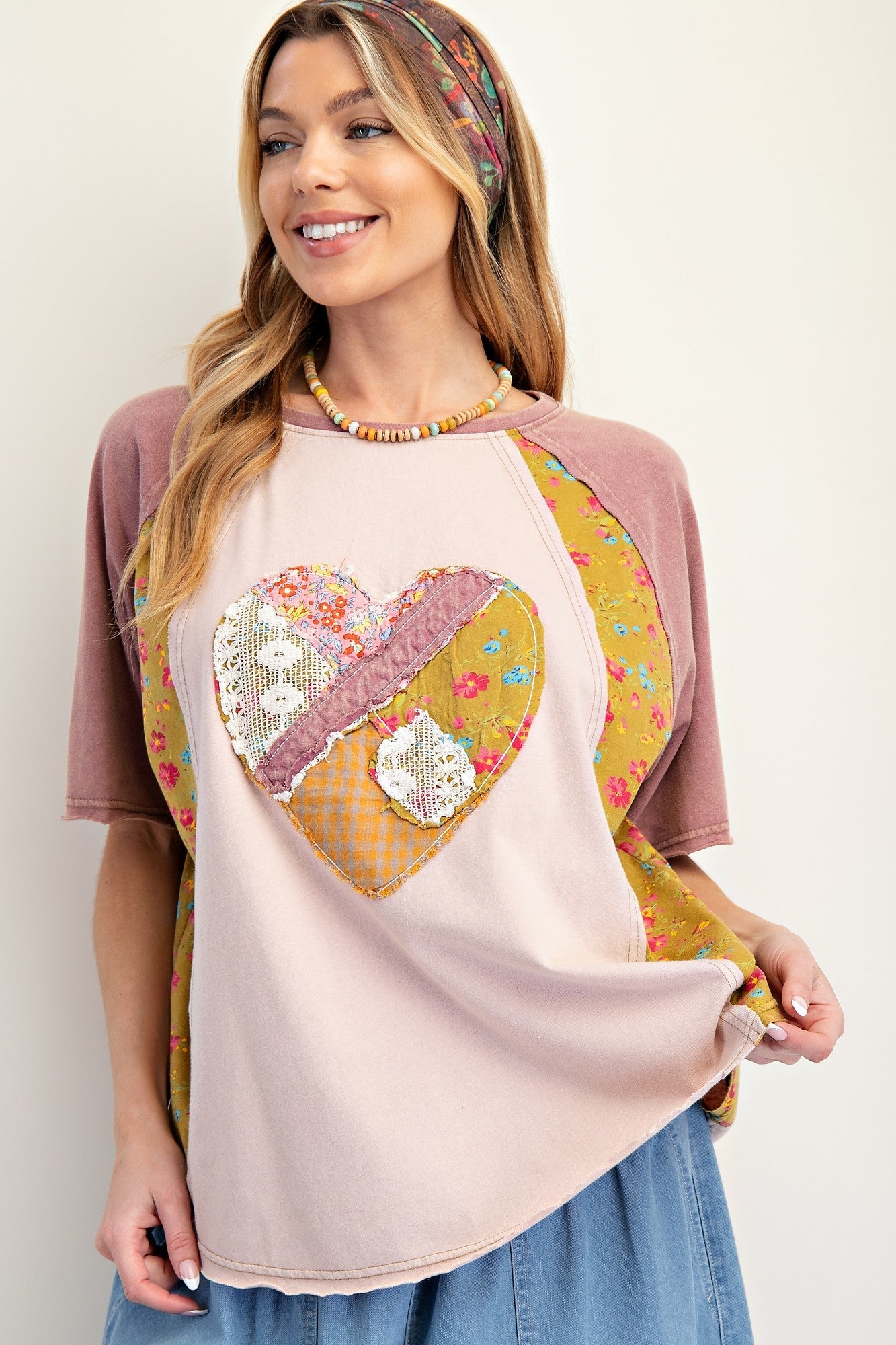 Easel Mix n Match Heart Patched Top in Mauve