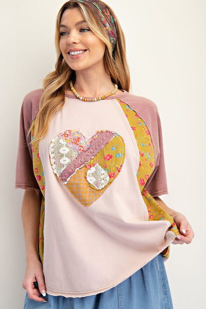 Easel Mix n Match Heart Patched Top in Mauve