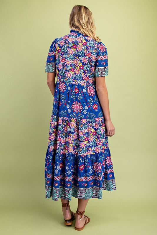 GiGio Mixed Print Tiered Midi Dress in Cobalt Mix