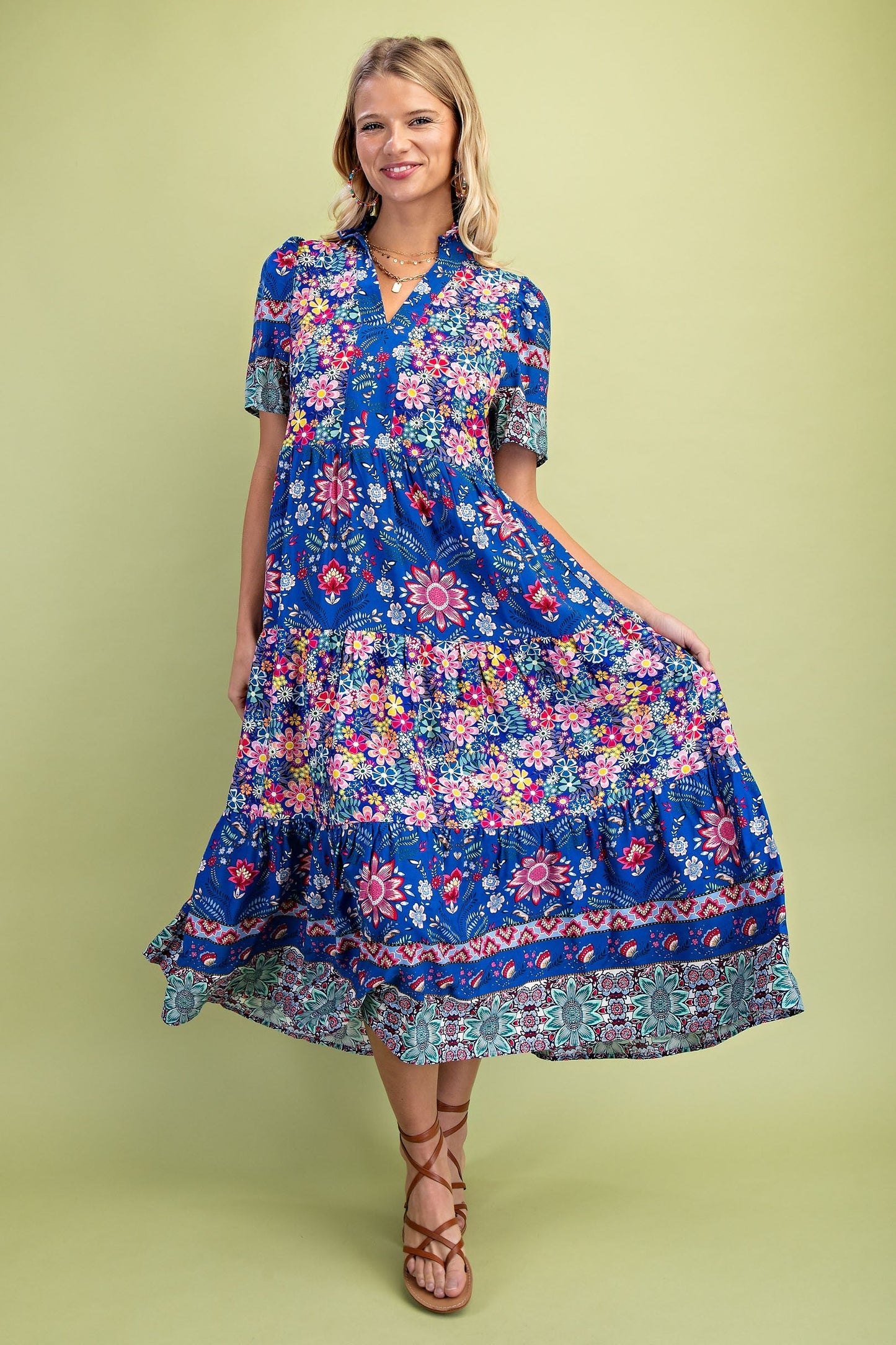 GiGio Mixed Print Tiered Midi Dress in Cobalt Mix