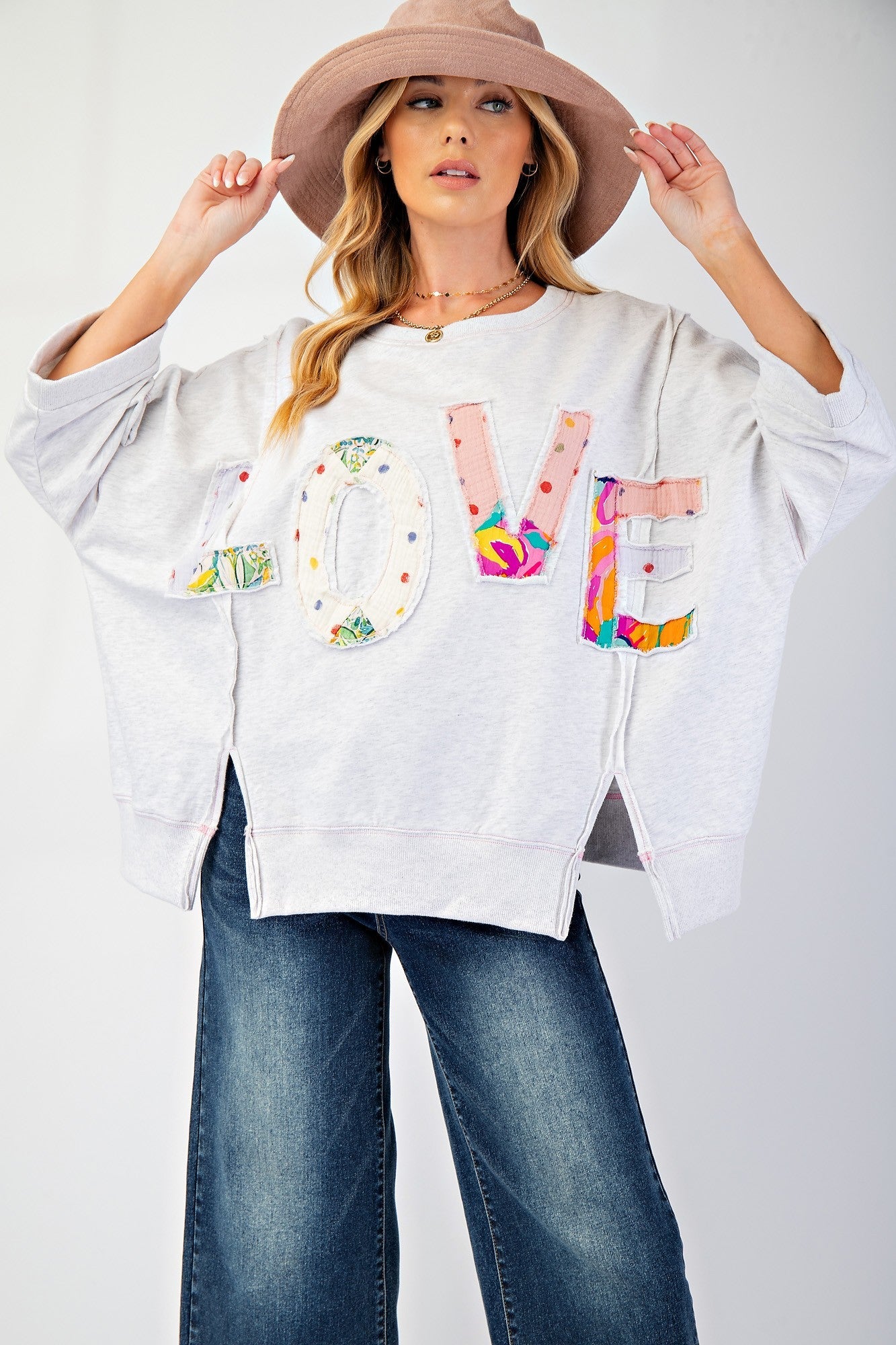 Easel OVERSIZED Top with Mixed Print LOVE Letter Patch Front in Light Heather Grey