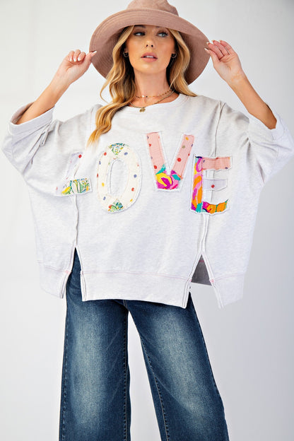 Easel OVERSIZED Top with Mixed Print LOVE Letter Patch Front in Light Heather Grey
