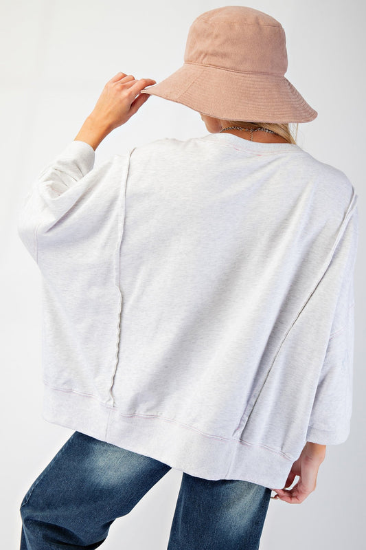Easel OVERSIZED Top with Mixed Print LOVE Letter Patch Front in Light Heather Grey