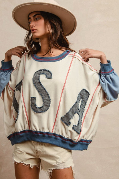 BiBi OVERSIZED Color Block Top with USA Denim Patches in Oatmeal/Denim