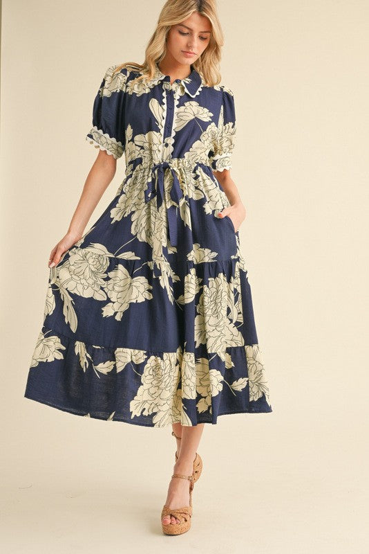 Jodifl Flower Print Belted Midi Dress in Navy