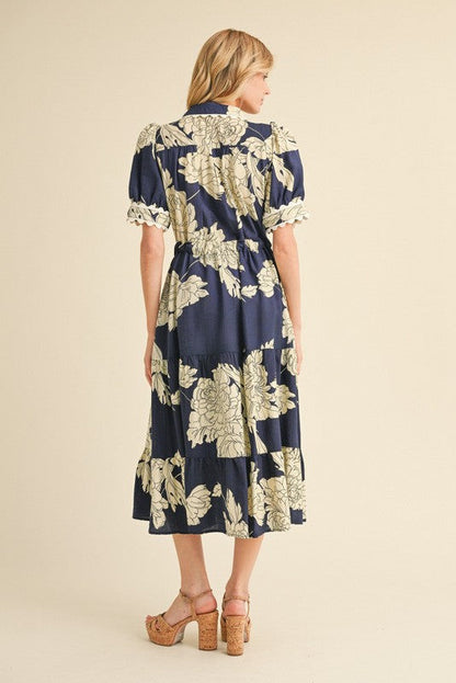 Jodifl Flower Print Belted Midi Dress in Navy