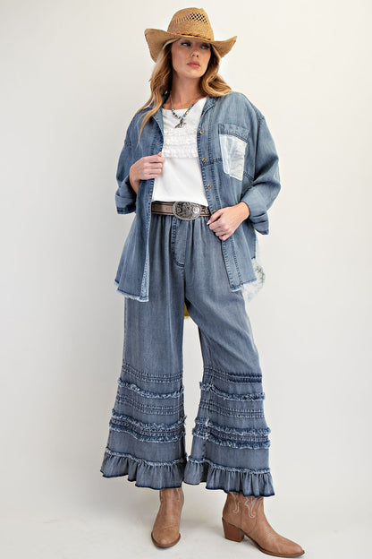 Easel Self Fray Chambray Pants in Dark Denim