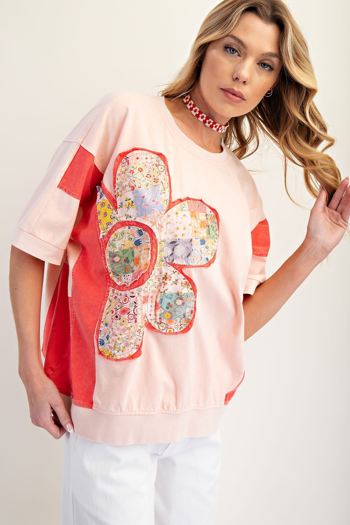 Easel Mineral Washed Color Block Flower Patched Top in Peach Coral