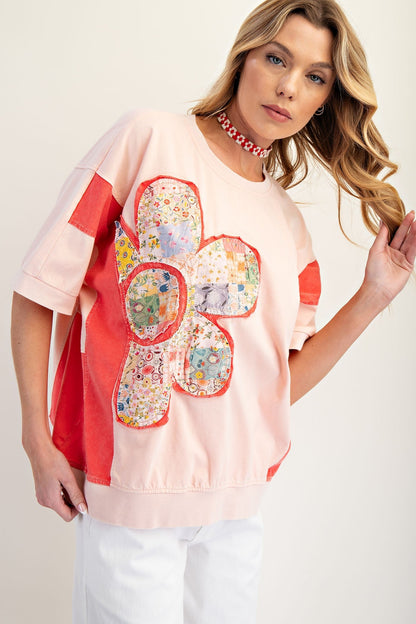 Easel Mineral Washed Color Block Flower Patched Top in Peach Coral
