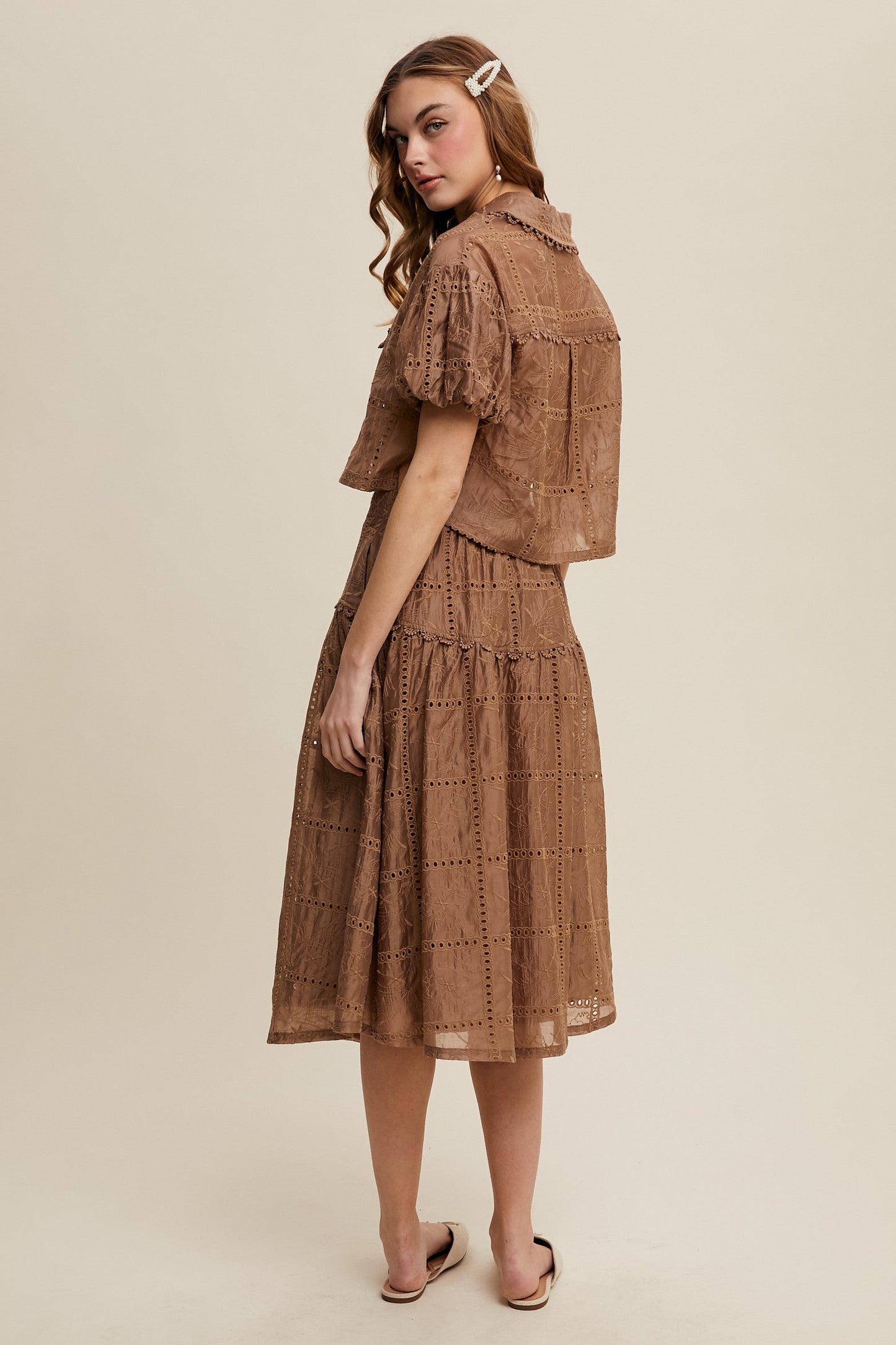 Listicle Eyelet Lace Top and Skirt Set in Mocha
