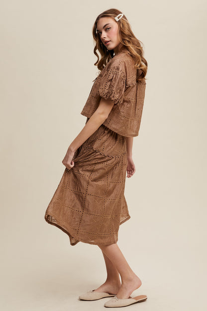 Listicle Eyelet Lace Top and Skirt Set in Mocha