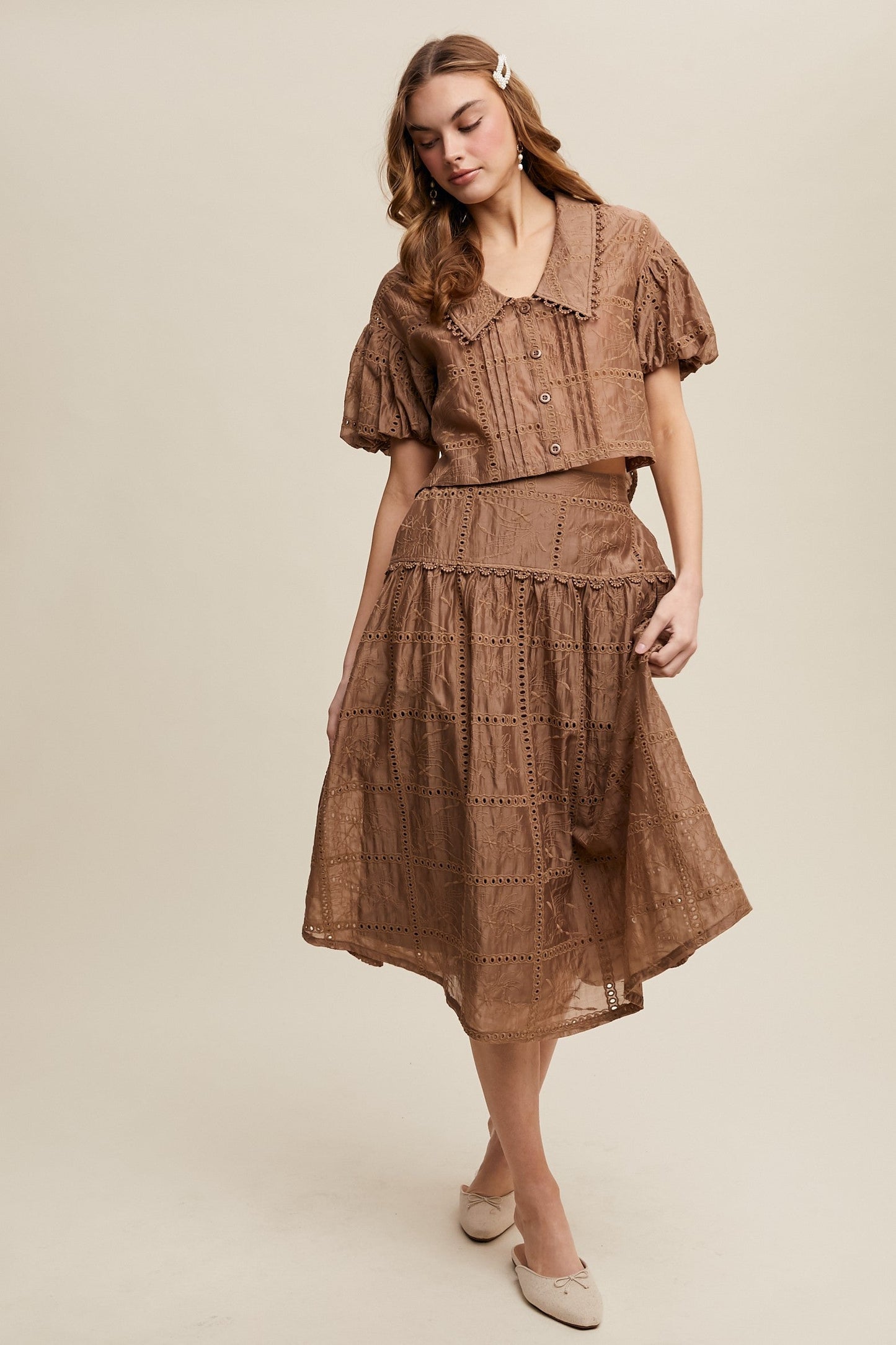 Listicle Eyelet Lace Top and Skirt Set in Mocha