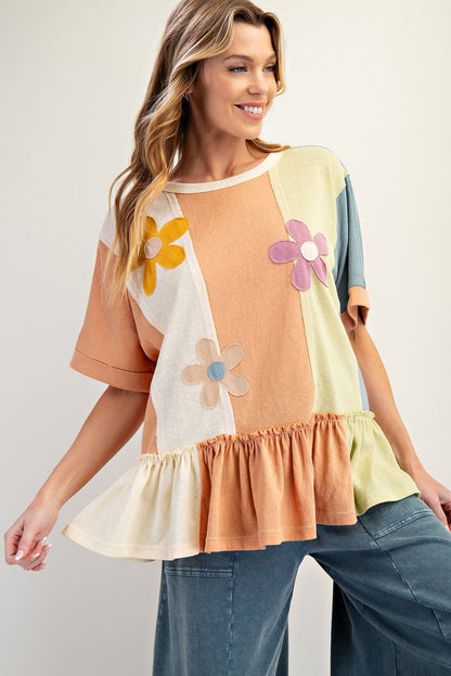 Easel Color Mix Flower Patched Top in Toast Vanilla