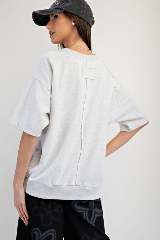 Easel Solid Color Terry Knit Top with USA Mixed Fabric Patches on Front in Light Heather Grey