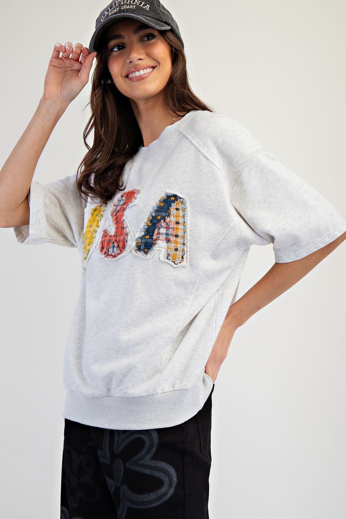 Easel Solid Color Terry Knit Top with USA Mixed Fabric Patches on Front in Light Heather Grey