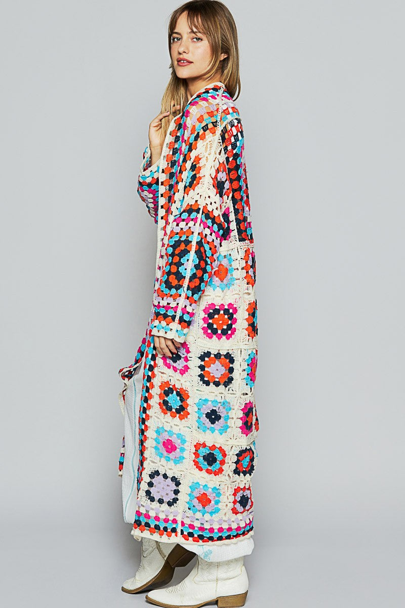 POL Open Front Crochet Granny Square Patterned Cardigan in Beige Multi ON ORDER
