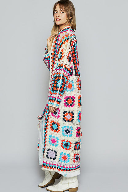 POL Open Front Crochet Granny Square Patterned Cardigan in Beige Multi ON ORDER