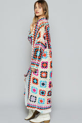 POL Open Front Crochet Granny Square Patterned Cardigan in Beige Multi ON ORDER