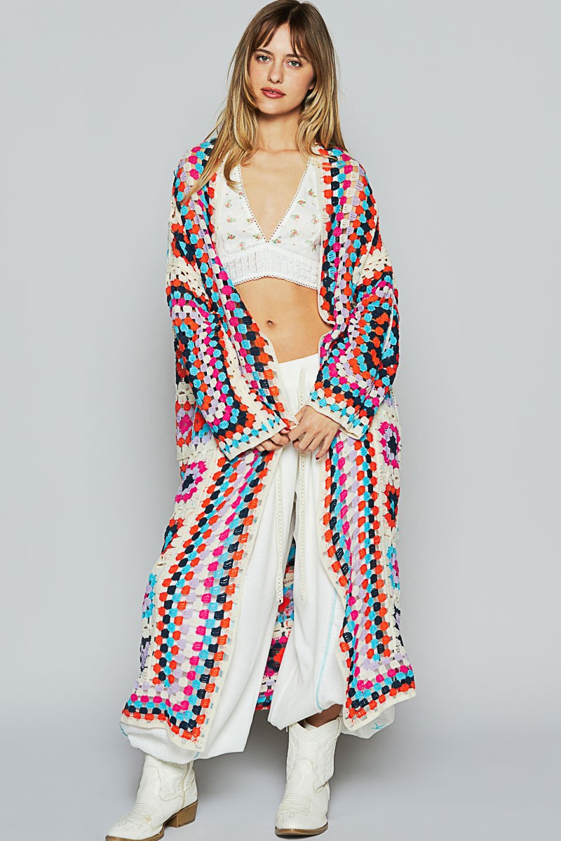 POL Open Front Crochet Granny Square Patterned Cardigan in Beige Multi ON ORDER