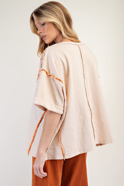Easel OVERSIZED Top with Mixed Raised Flower Patch in Natural