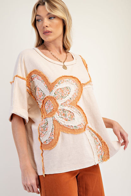 Easel OVERSIZED Top with Mixed Raised Flower Patch in Natural