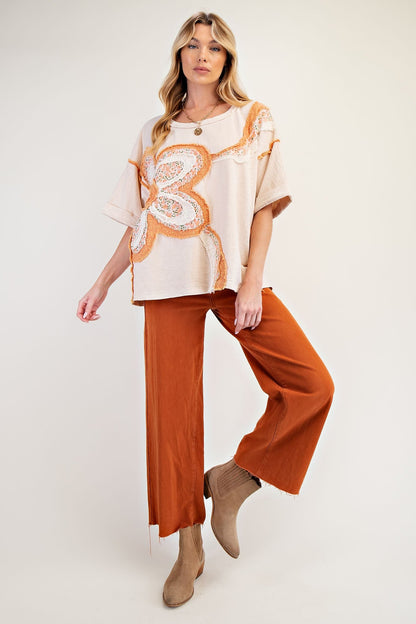 Easel OVERSIZED Top with Mixed Raised Flower Patch in Natural