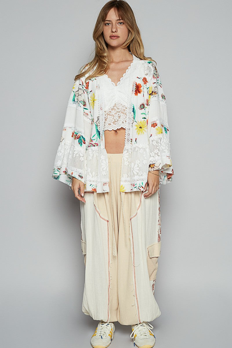POL Open Front Floral Print and Lace Cardigan in Ivory Multi