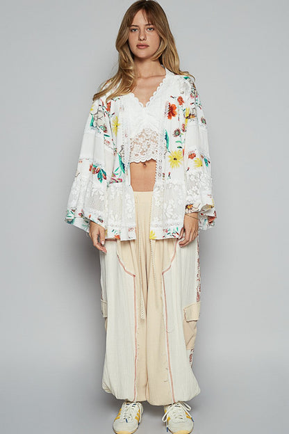 POL Open Front Floral Print and Lace Cardigan in Ivory Multi