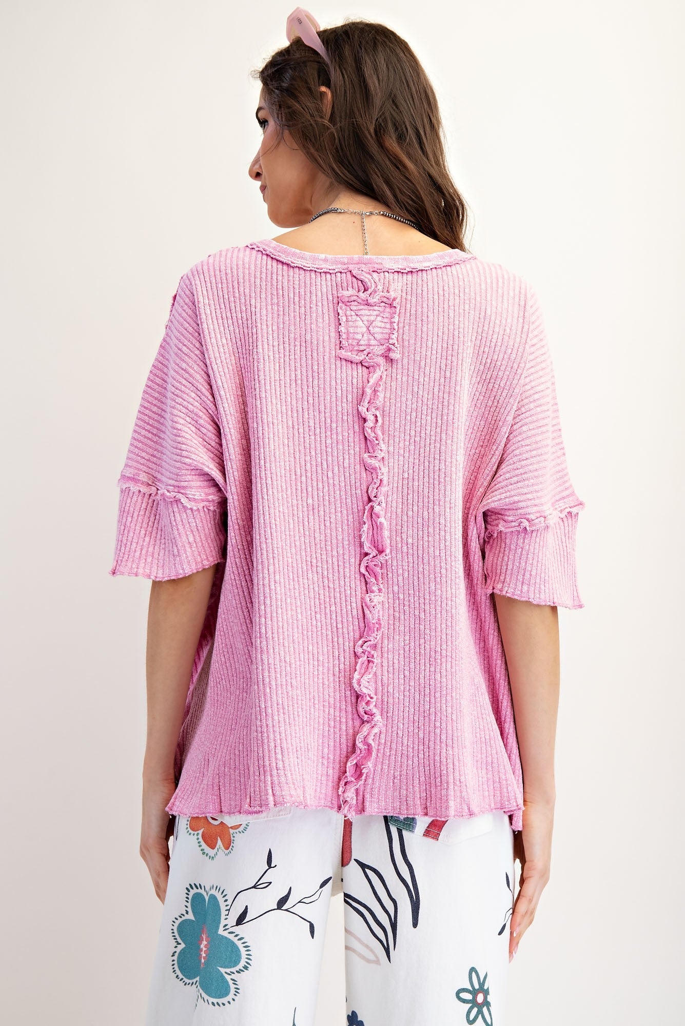 Easel Textured Ribbed Knit Top in Calypso Pink