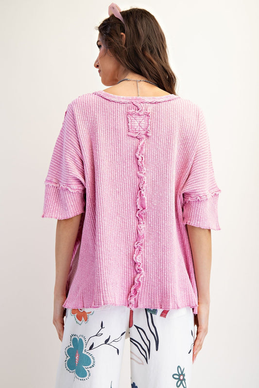 Easel Textured Ribbed Knit Top in Calypso Pink