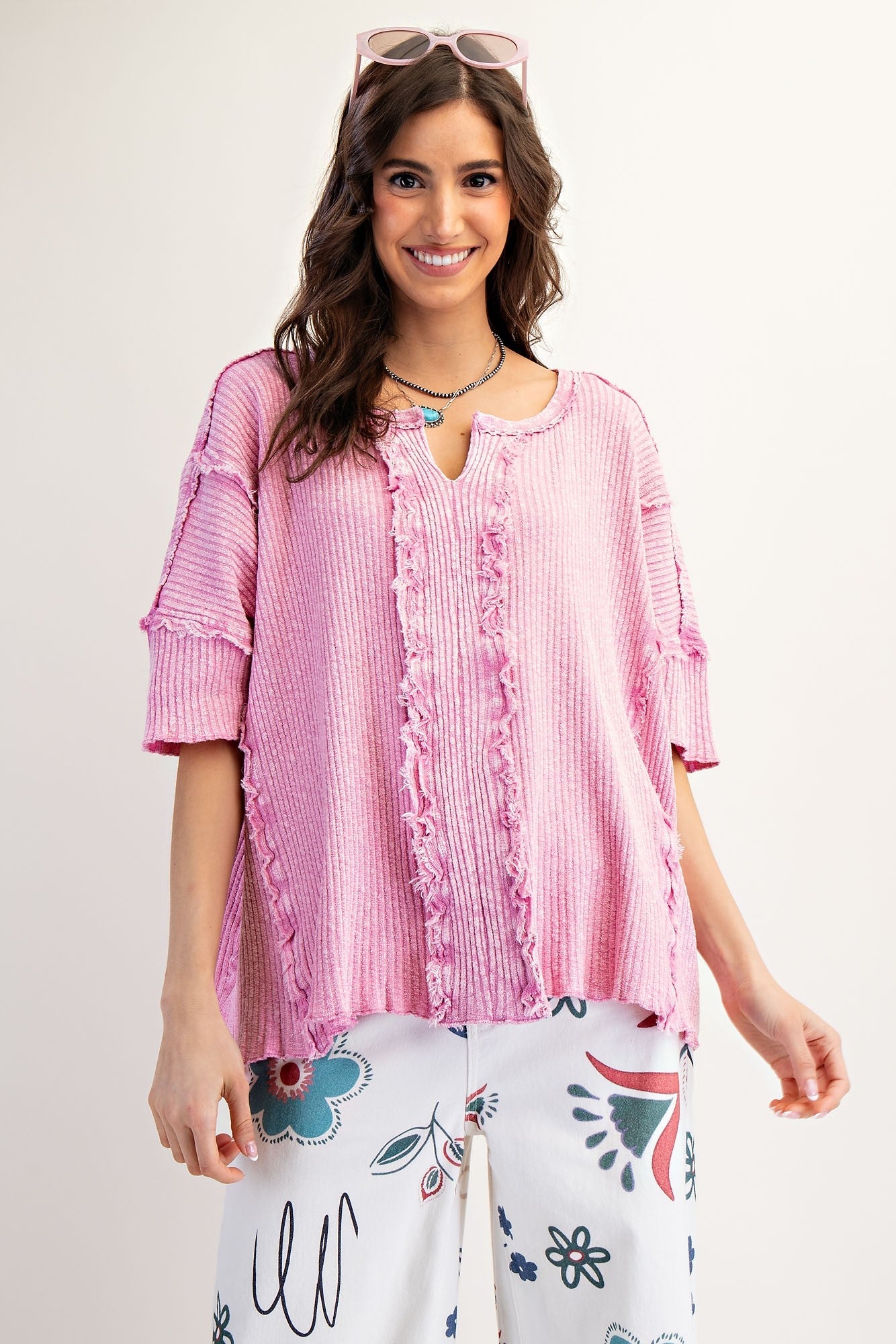 Easel Textured Ribbed Knit Top in Calypso Pink