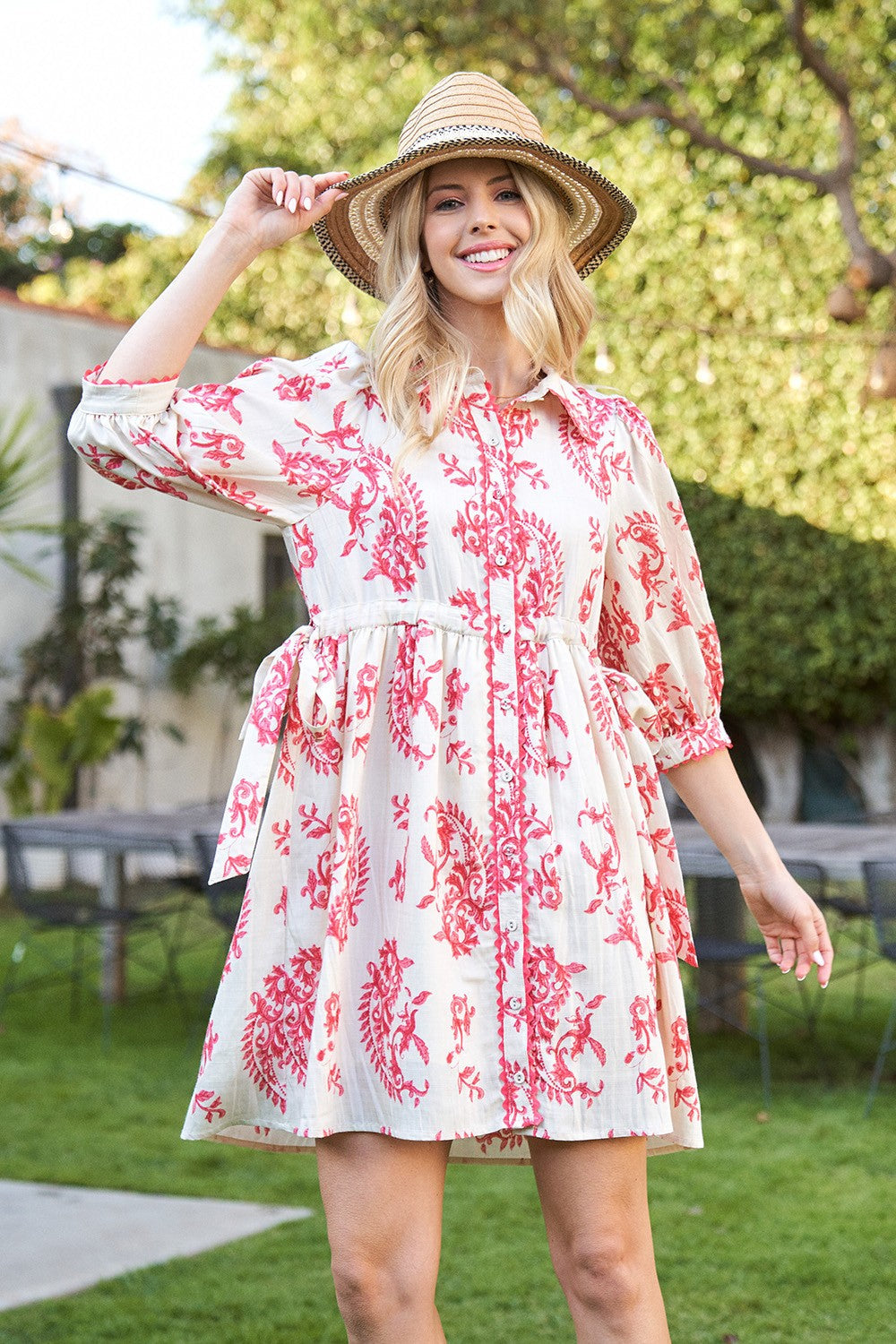 GiGio Printed Button Down Mini Dress in Raspberry