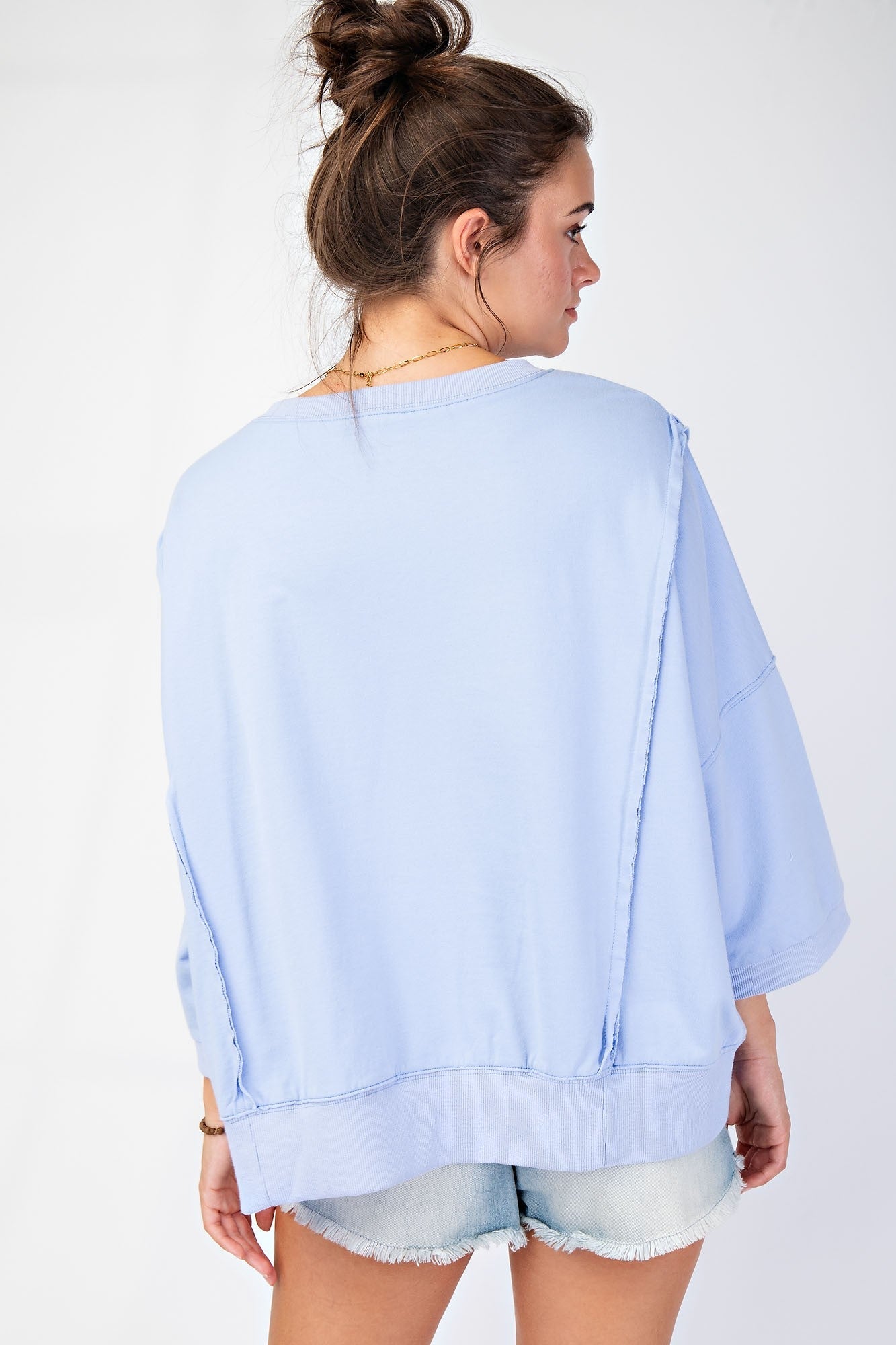 Easel OVERSIZED Top with Mixed Print LOVE Letter Patch Front in Peri Blue