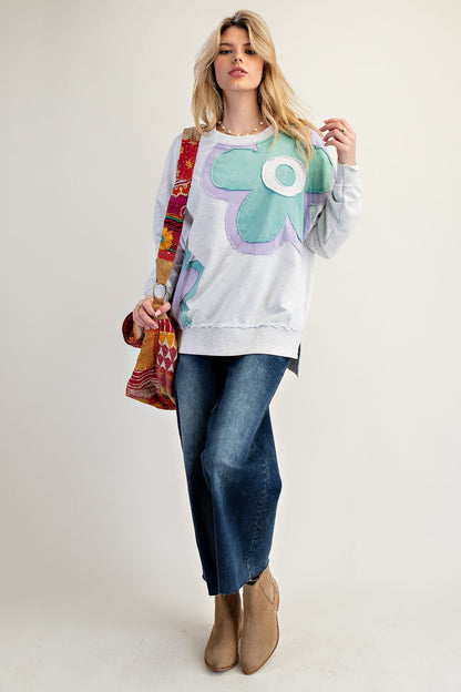 Easel Terry Knit Sweatshirt with Large Flower Patch in Light Heather Grey