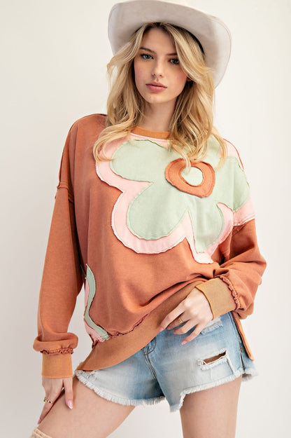 Easel Terry Knit Sweatshirt with Large Flower Patch in Wooden