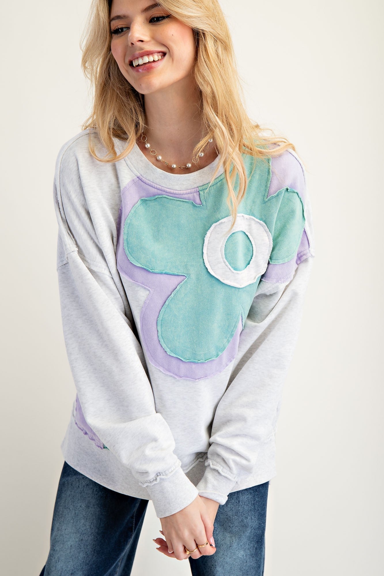 Easel Terry Knit Sweatshirt with Large Flower Patch in Light Heather Grey
