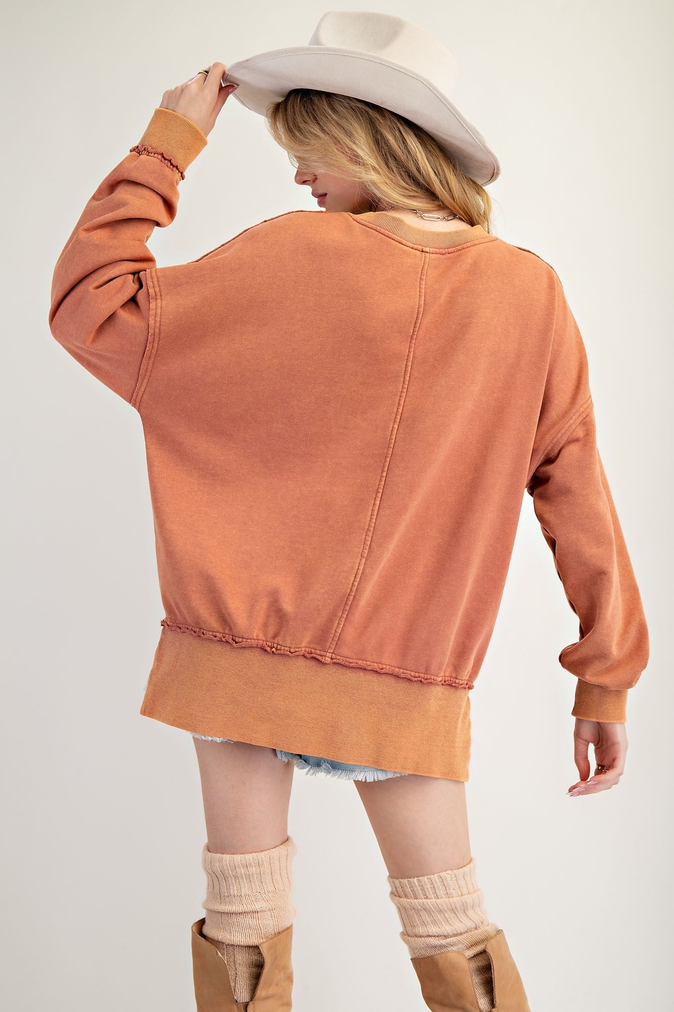 Easel Terry Knit Sweatshirt with Large Flower Patch in Wooden