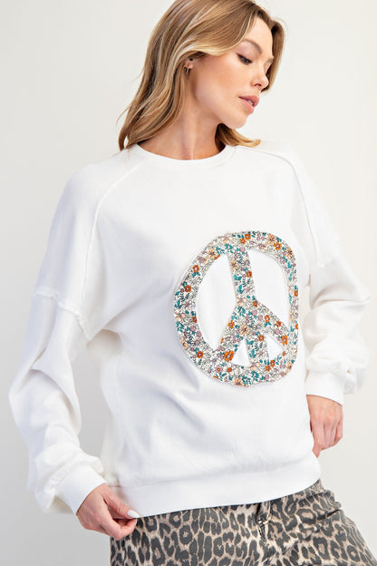 Easel Peace Sign Washed Terry Knit Pullover in Off White